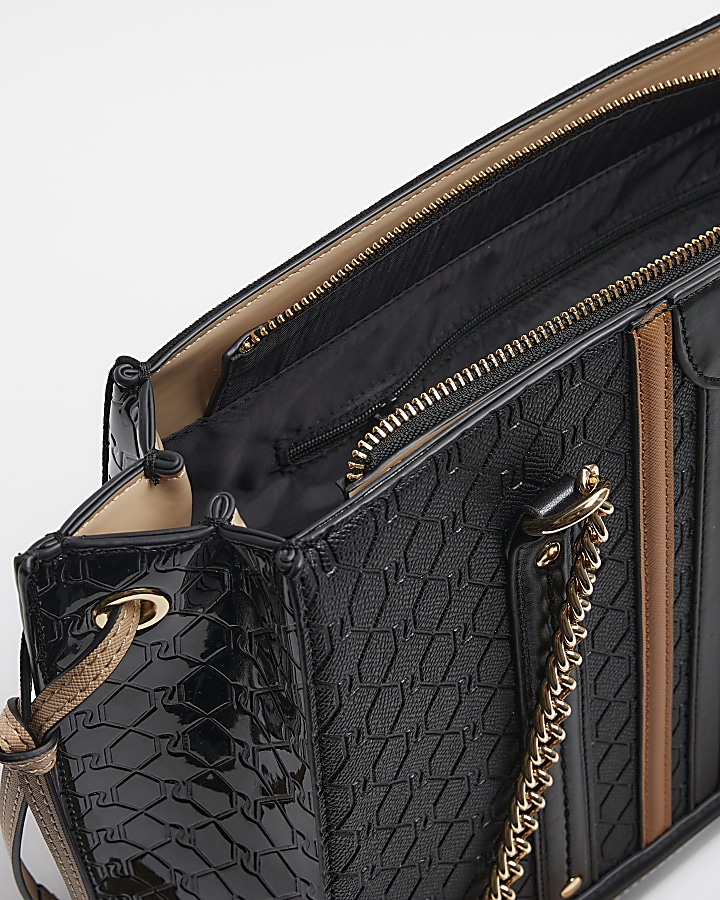 Black embossed monogram tote bag River Island