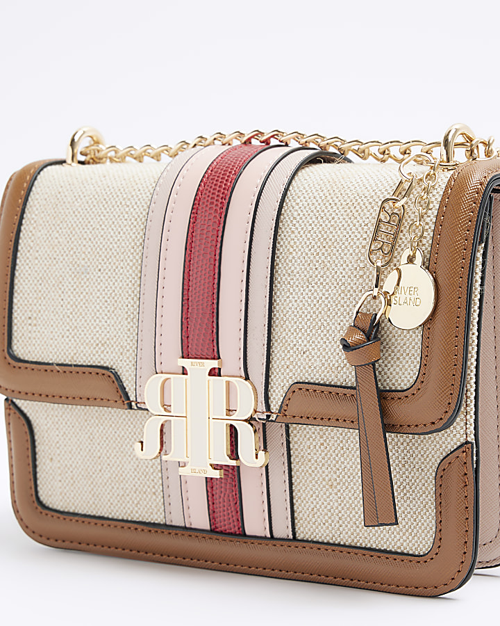 Cream canvas stripe chain cross body bag River Island