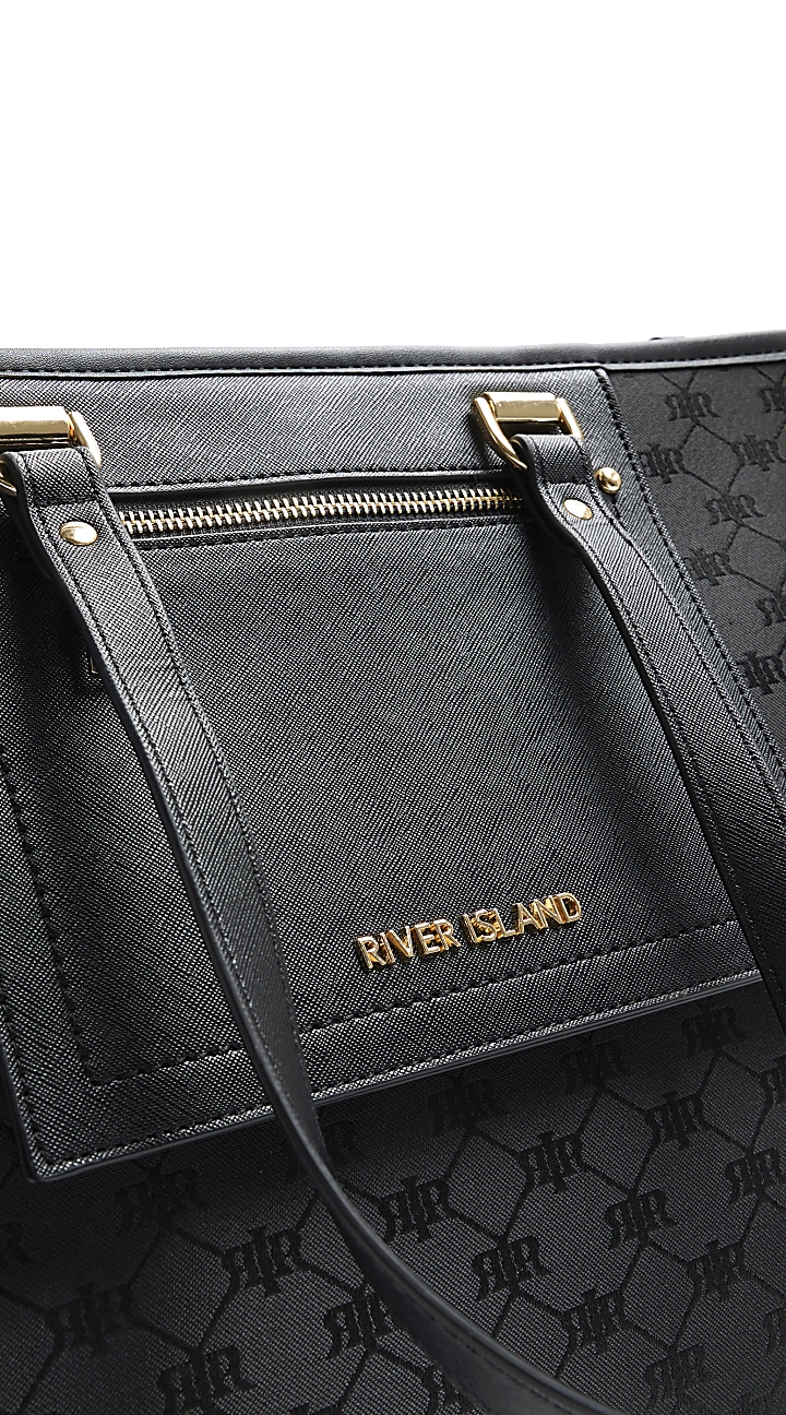 Black jacquard monogram shopper bag River Island