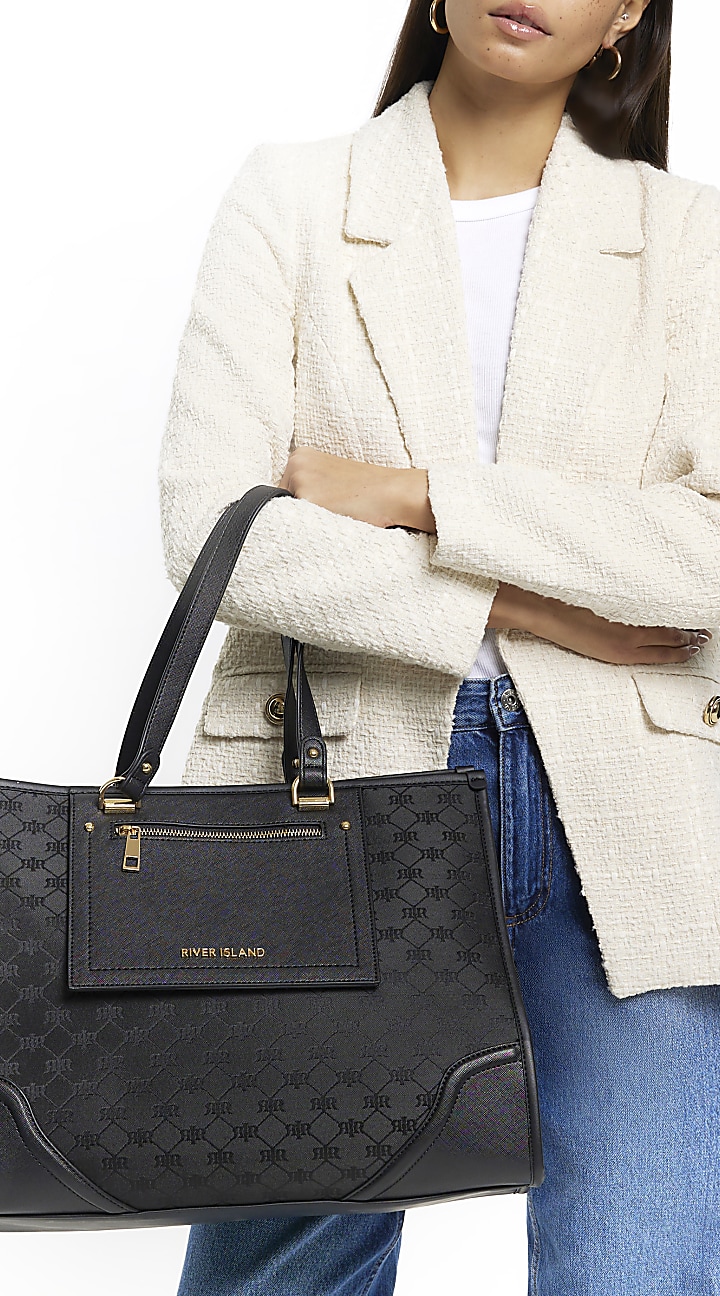 Black jacquard monogram shopper bag River Island