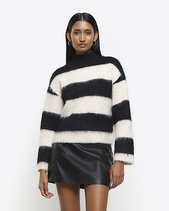 Cream stripe brushed knit jumper River Island