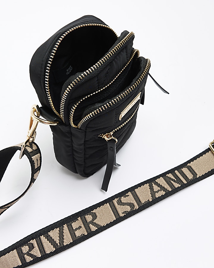 Black quilted phone holder bag River Island