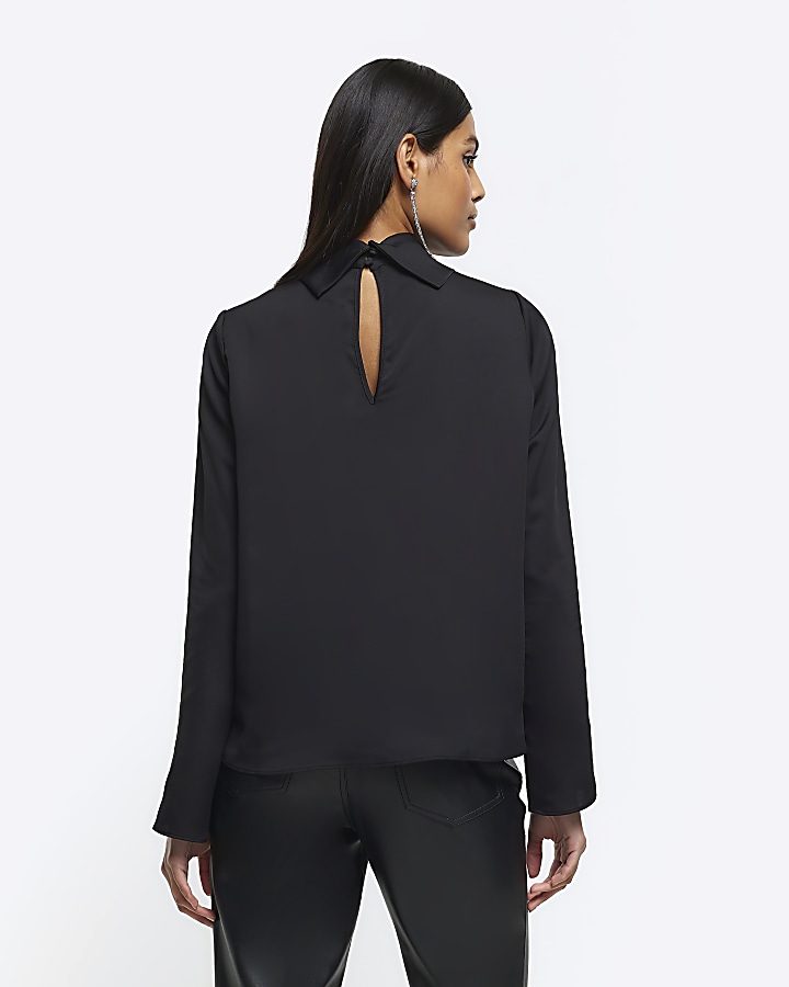 Black mesh panel high neck top River Island