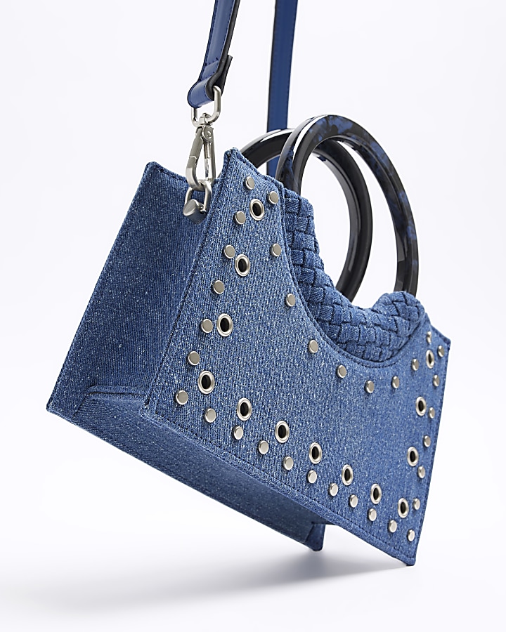 Blue denim studded cross body bag River Island