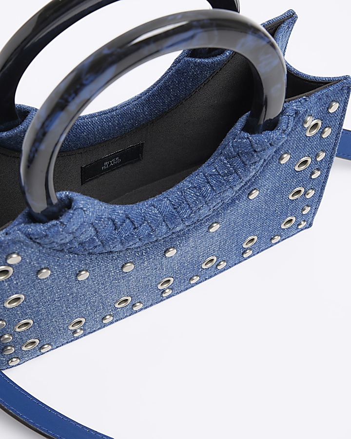 Blue denim studded cross body bag River Island