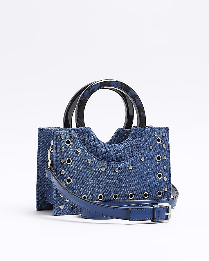 Blue denim studded cross body bag River Island