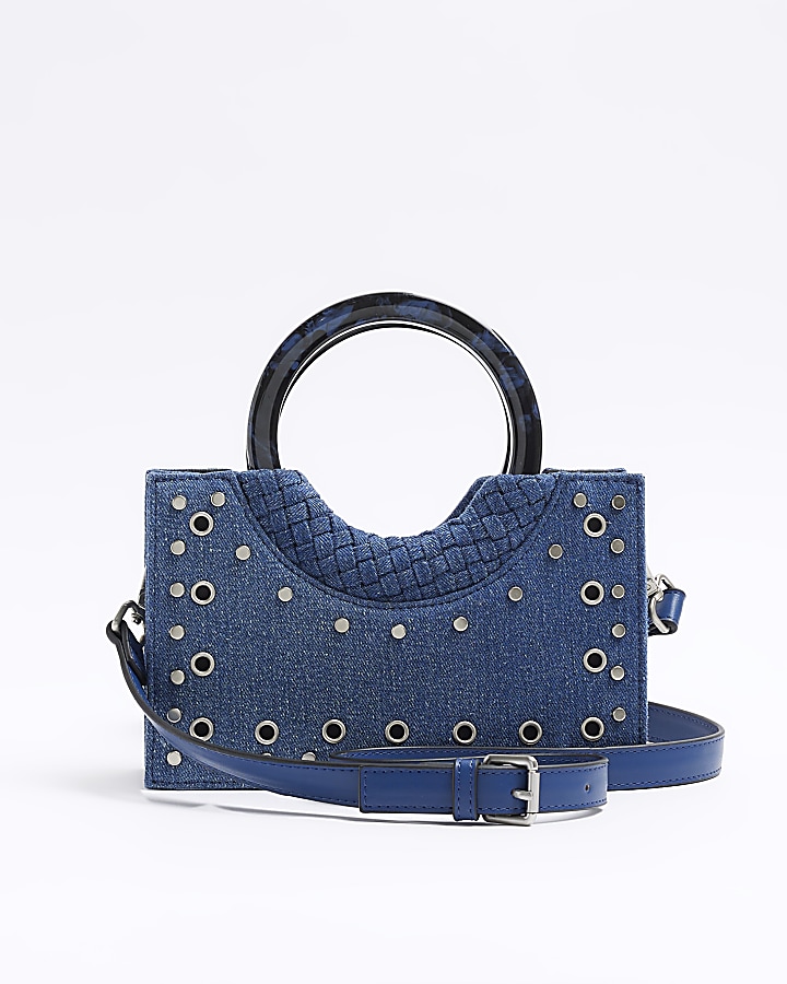 Blue denim studded cross body bag River Island