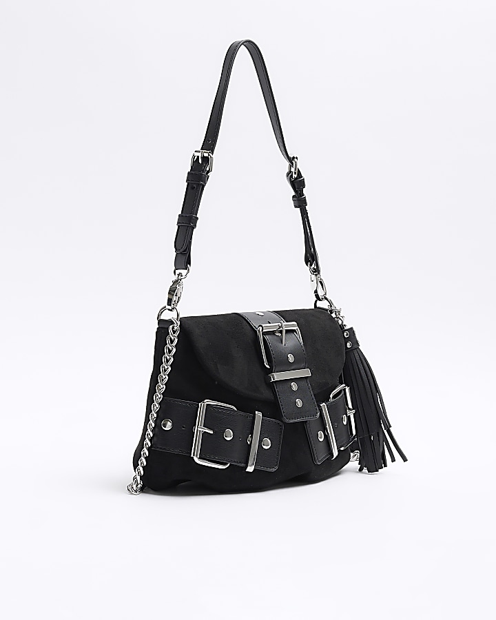 Black suedette buckle shoulder bag River Island