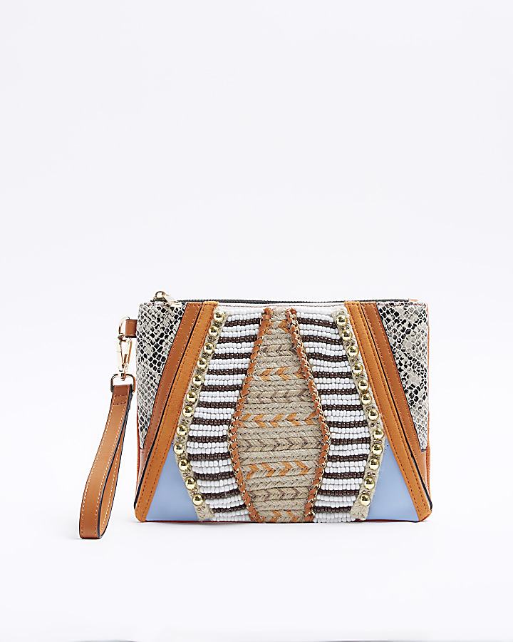 Orange beaded pouchette bag River Island