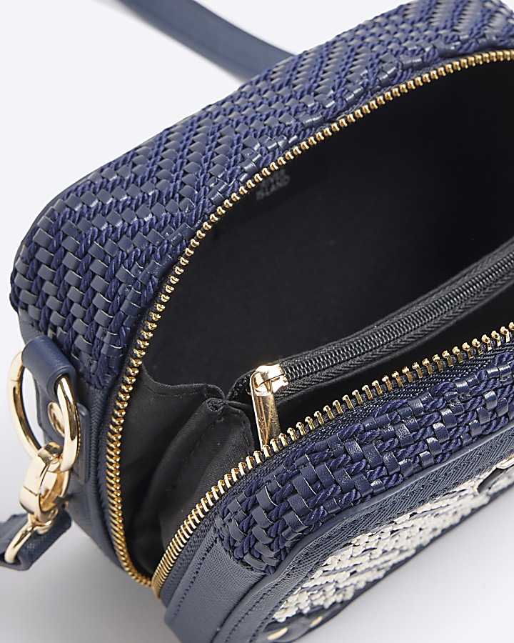 Navy Geometric Woven Cross Body Bag River Island