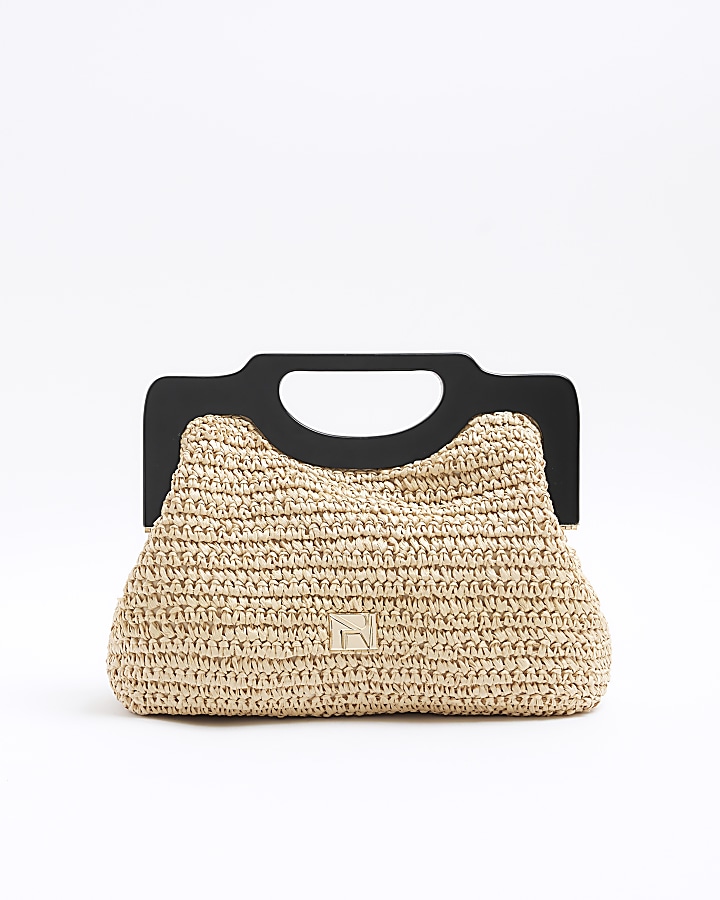 Beige raffia clutch bag River Island