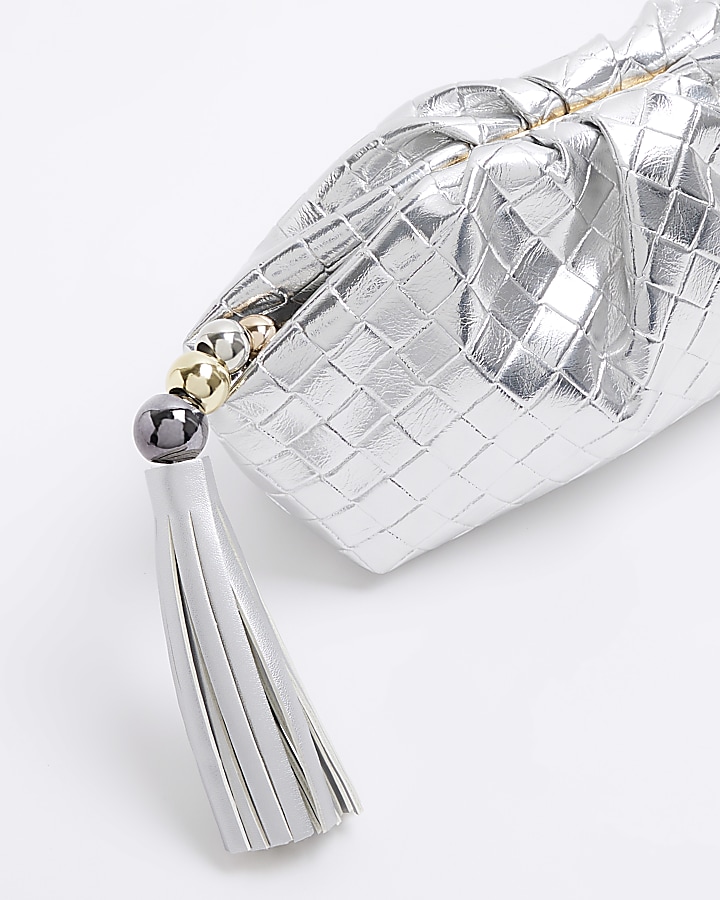 Silver embossed weave clutch bag River Island