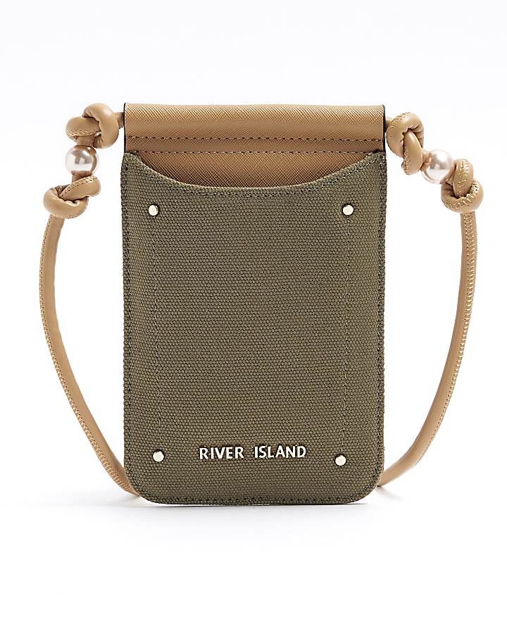 Khaki canvas phone cross body bag River Island