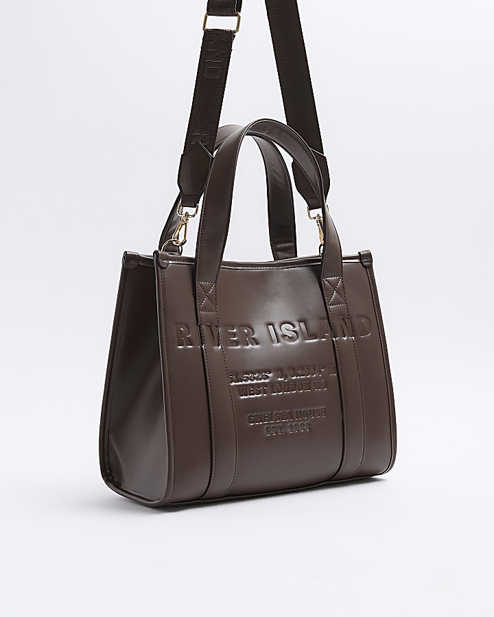 Brown embossed cross body tote bag River Island