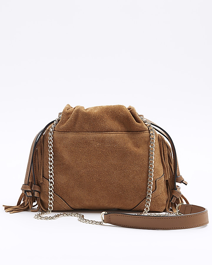 Brown suede studded fringe duffle bag River Island