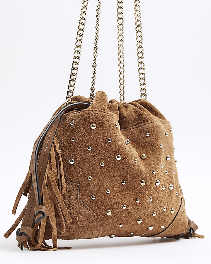 Brown suede studded fringe duffle bag River Island