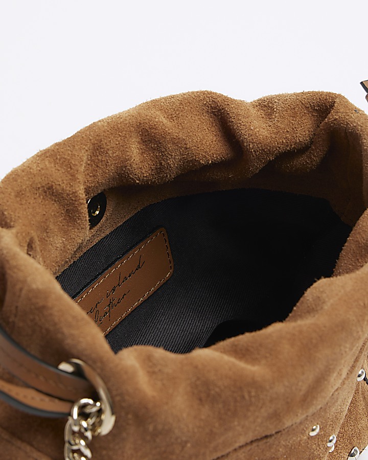 Brown suede studded fringe duffle bag River Island