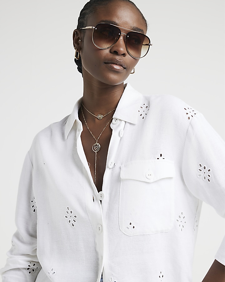 White linen blend broderie detail shirt River Island