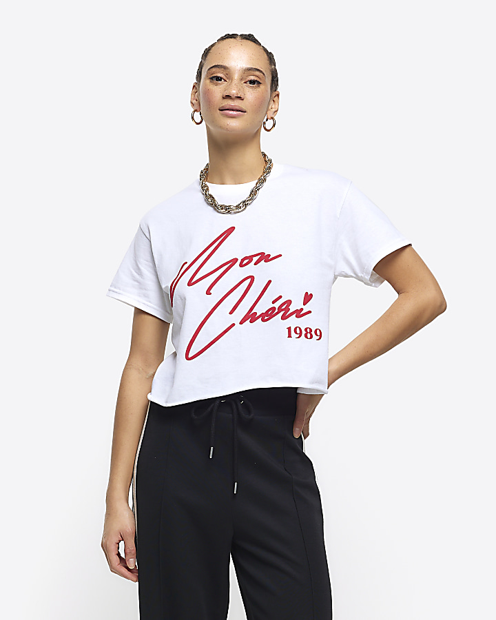 White graphic cropped tshirt River Island