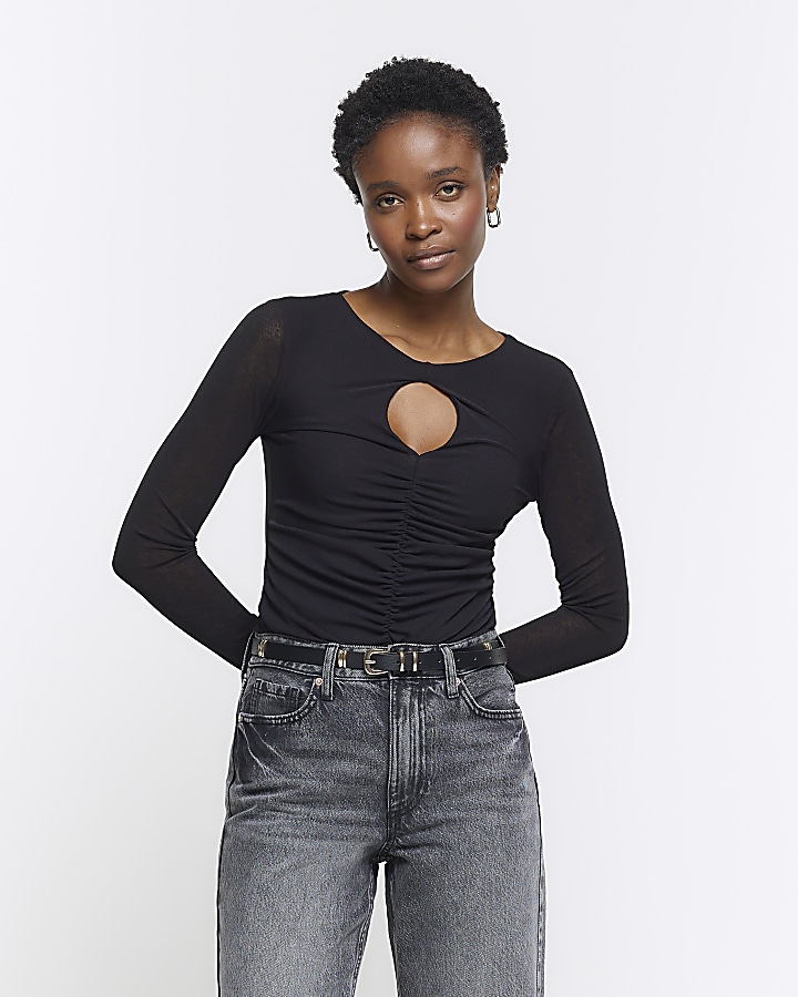 Black ruched cut out long sleeve top River Island