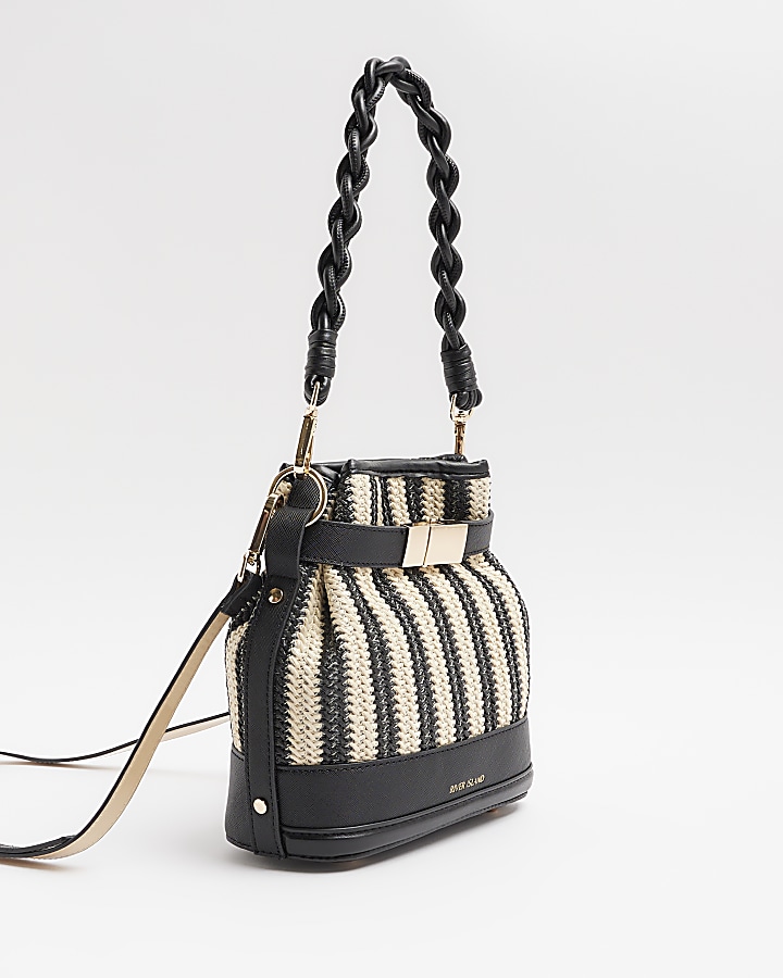 Black stripe Raffia Weave Bucket Bag River Island