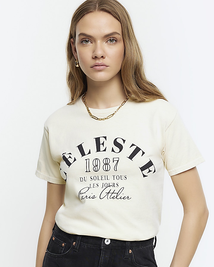 Cream graphic crop tshirt River Island