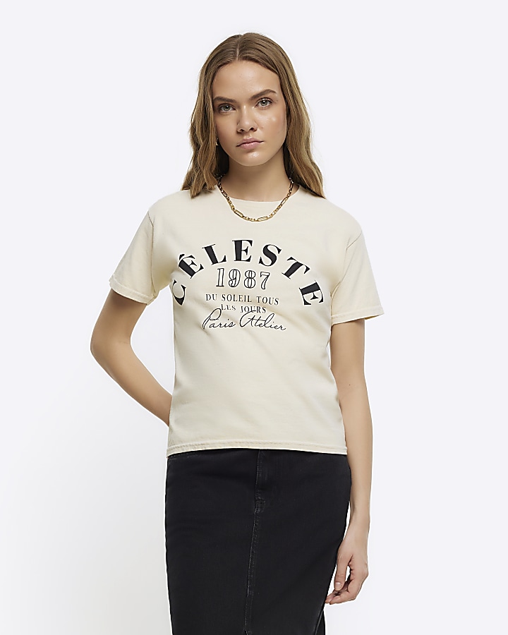 Cream graphic crop tshirt River Island