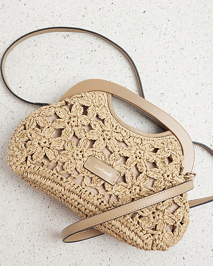 Beige raffia flower clutch bag River Island