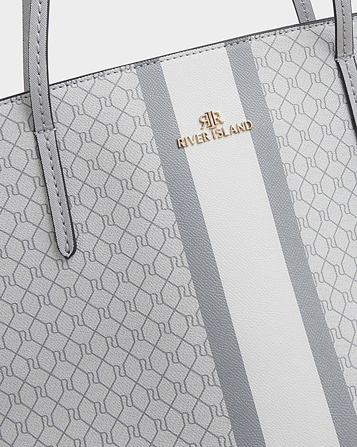 Grey RI monogram stripe tote bag River Island