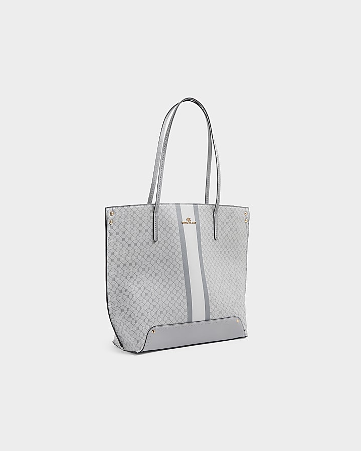 Grey RI monogram stripe tote bag River Island
