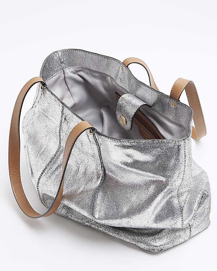 Silver metallic leather shopper bag River Island