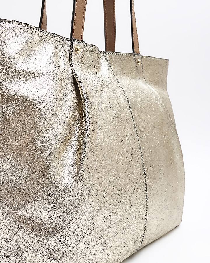 Gold Metallic Leather Shopper Bag River Island