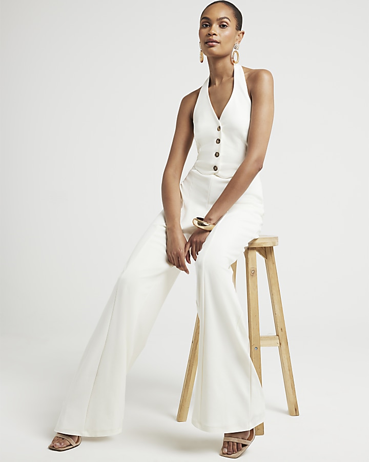 Cream Halter Neck Waistcoat Jumpsuit River Island