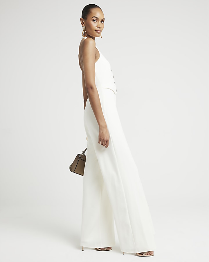 Cream Halter Neck Waistcoat Jumpsuit River Island