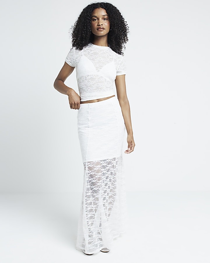 Cream Lace Maxi Skirt River Island