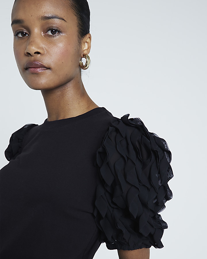 Black Ruffle Tshirt River Island