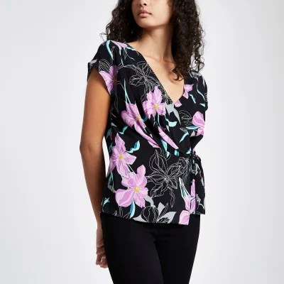 Black floral wrap tie side top River Island