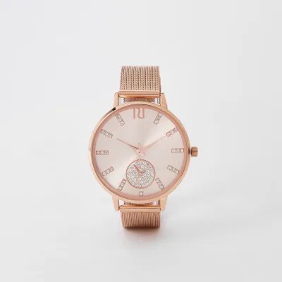 Rose gold diamante mesh strap round watch Watches women