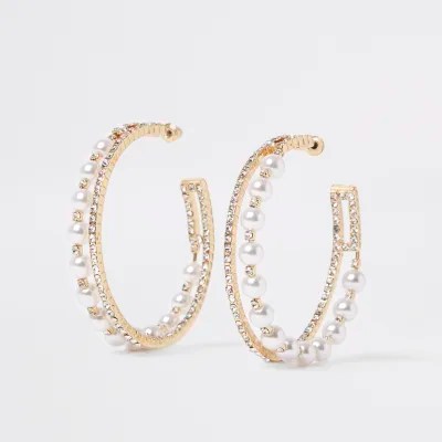 Gold embellished layered hoop earrings River Island