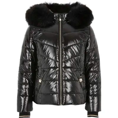 Girls black high shine padded coat River Island