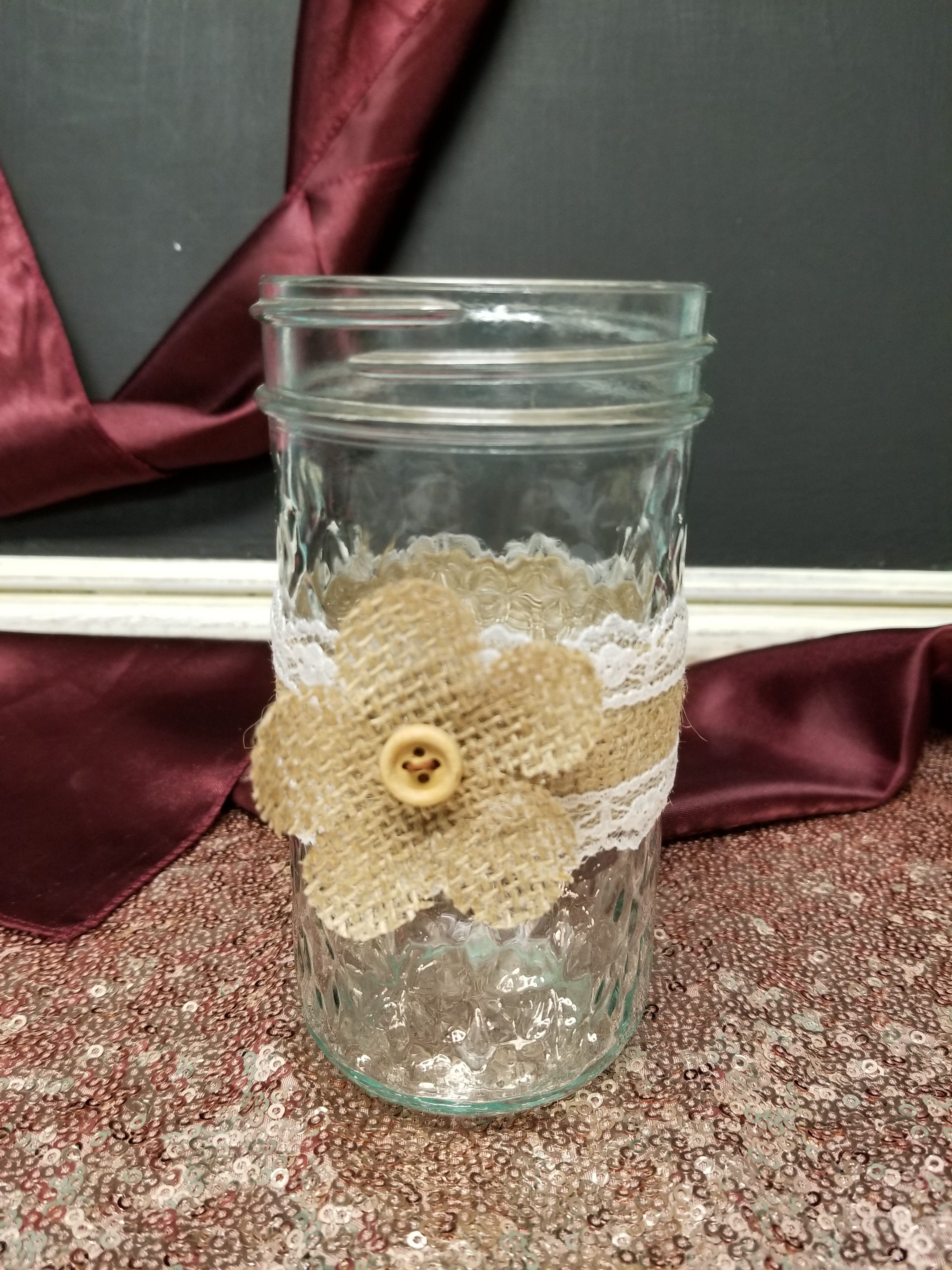 Mason Jar Burlap Lace w/Flower 12oz Danner and Soli Event Rental