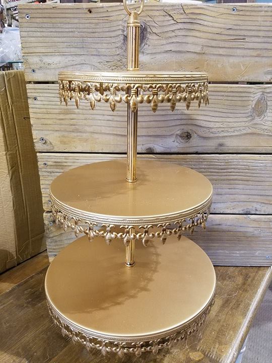 Pedestal Three Tier Gold Fleur de Lis Danner and Soli Event Rental