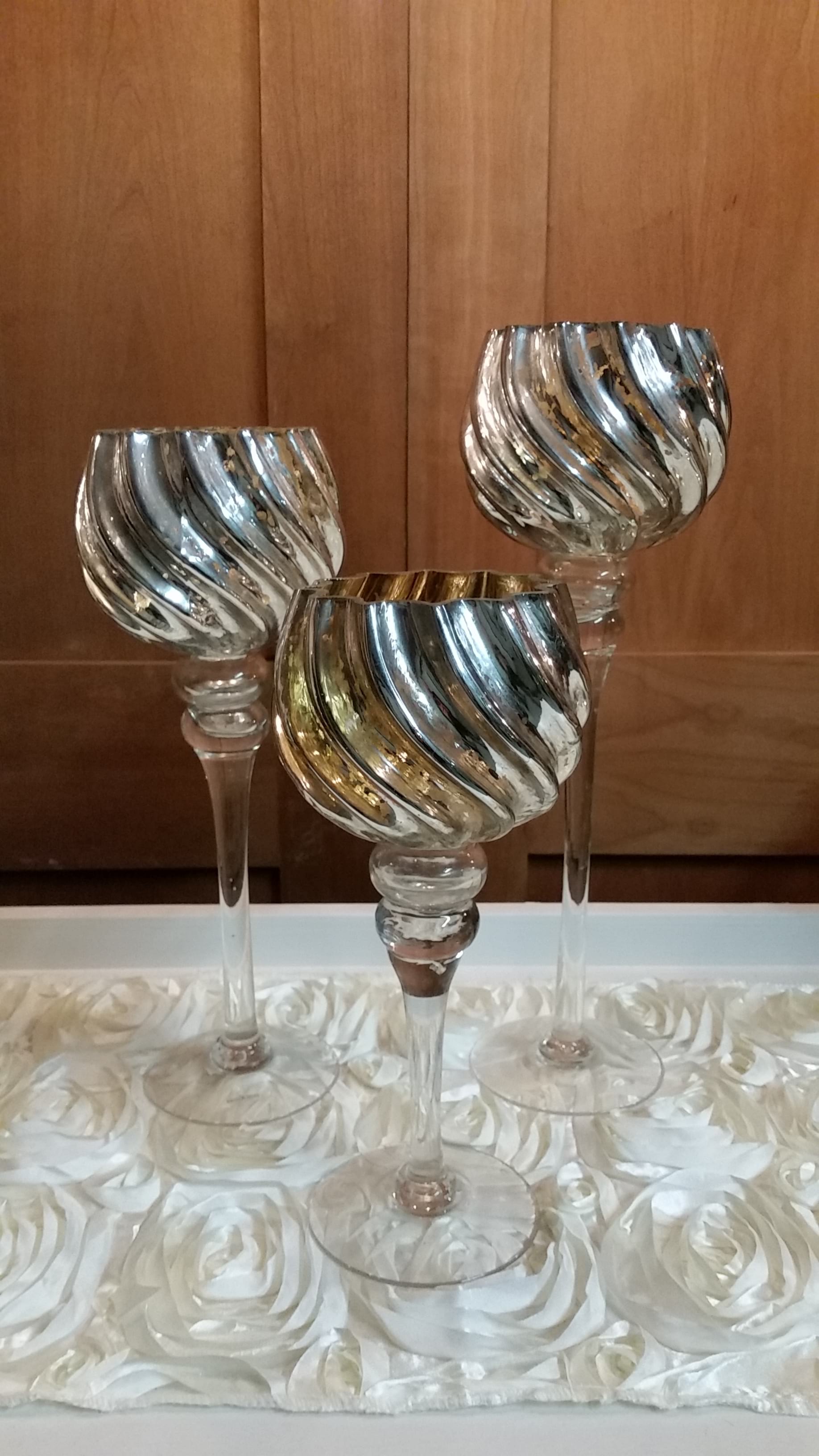 Vase 13.5" Mercury Glass Stemmed Bowl Top Danner and Soli Event Rental