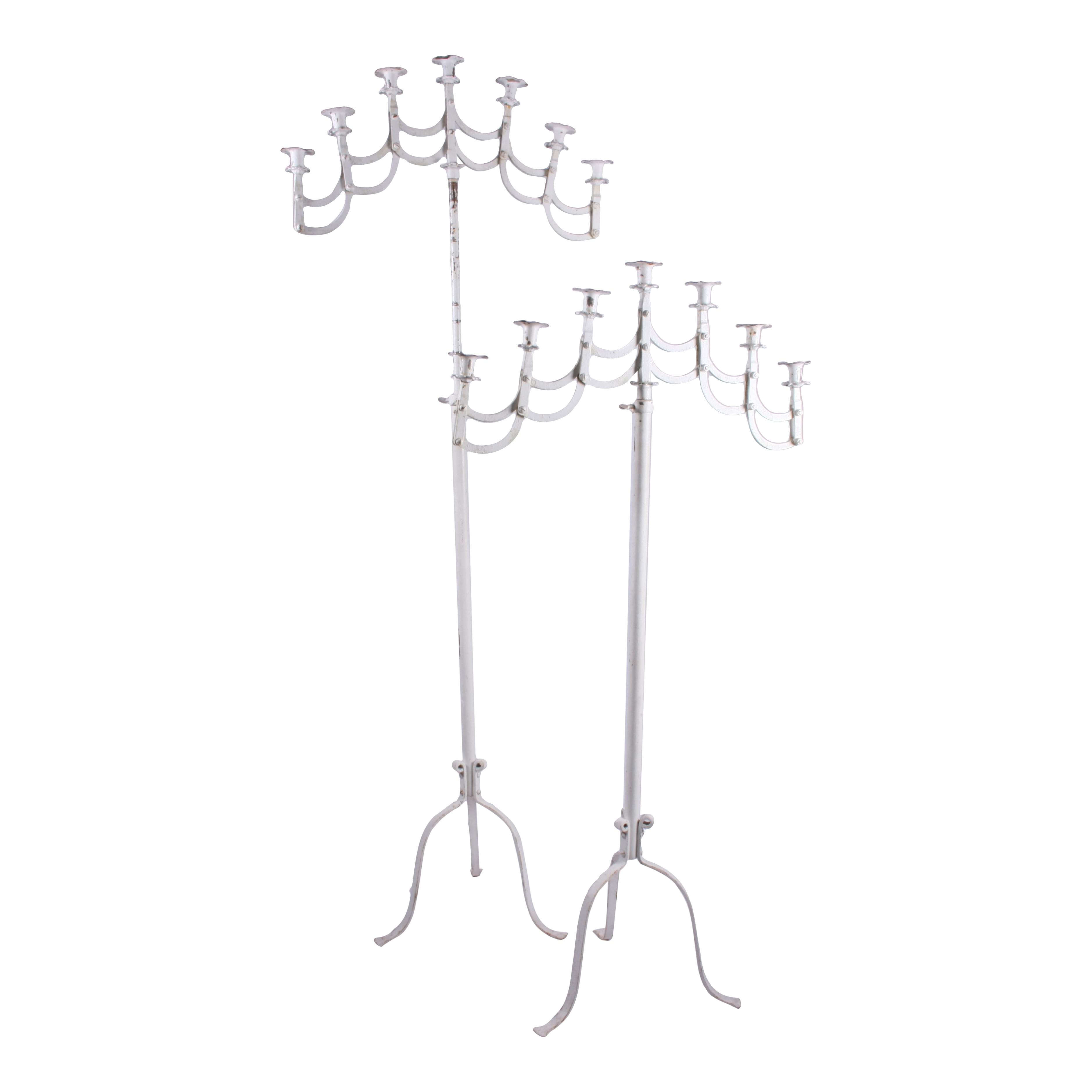 Pair of Chippy White 7Taper Floor Candelabras Relics Rentals