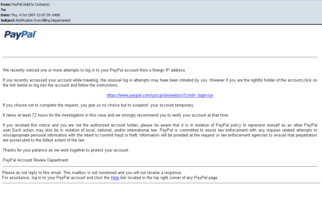 Beware of PayPal Fraudulent Emails i'm saimatkong