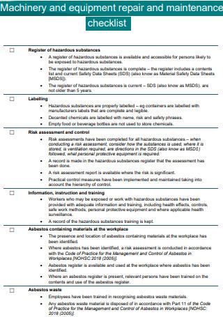 9+ FREE Equipment Maintenance Checklist Samples to Download