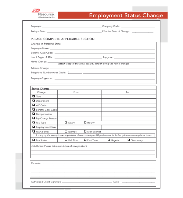 FREE 9+ Sample Employee Status Change Forms in PDF MS Word Excel