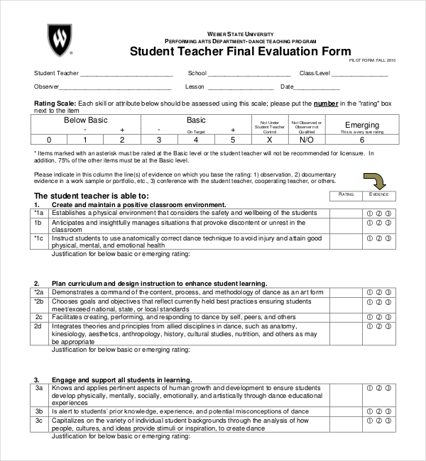 Teacher Evaluation Form For Students