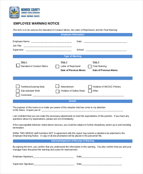 FREE 8+ Sample Employee Warning Notice Forms in PDF Word Excel
