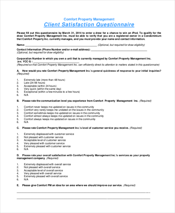 FREE 8+ Sample Client Satisfaction Questionnaire Forms in PDF MS Word